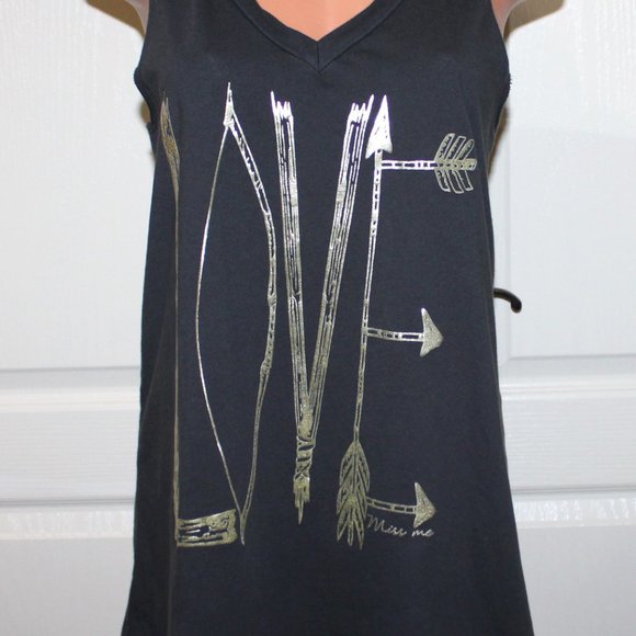 MISS ME * THE BUCKLE Size MED Gray Gold "LOVE" Low Cut V-Neck HI-LO Tunic Tank - Picture 5 of 13